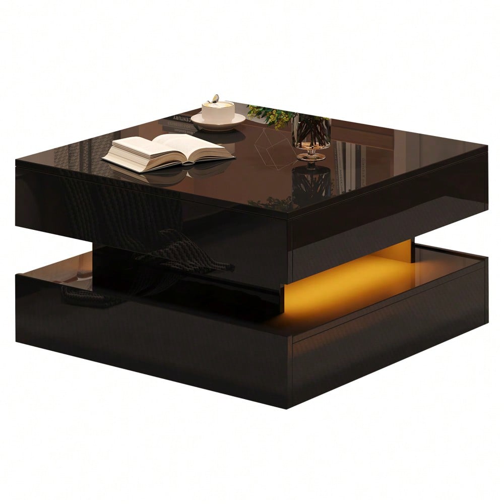 65 x 65 x 38.5 cm anhebbarer Wohnzimmertisch,Beistelltisch,Hochglanz-Couchtisch mit LED-Lichtleiste, Sofatisch mit 2 Schubladen, Kaffeetisch mit geometrischem Design und verstecktem Stauraum,Schwarz
