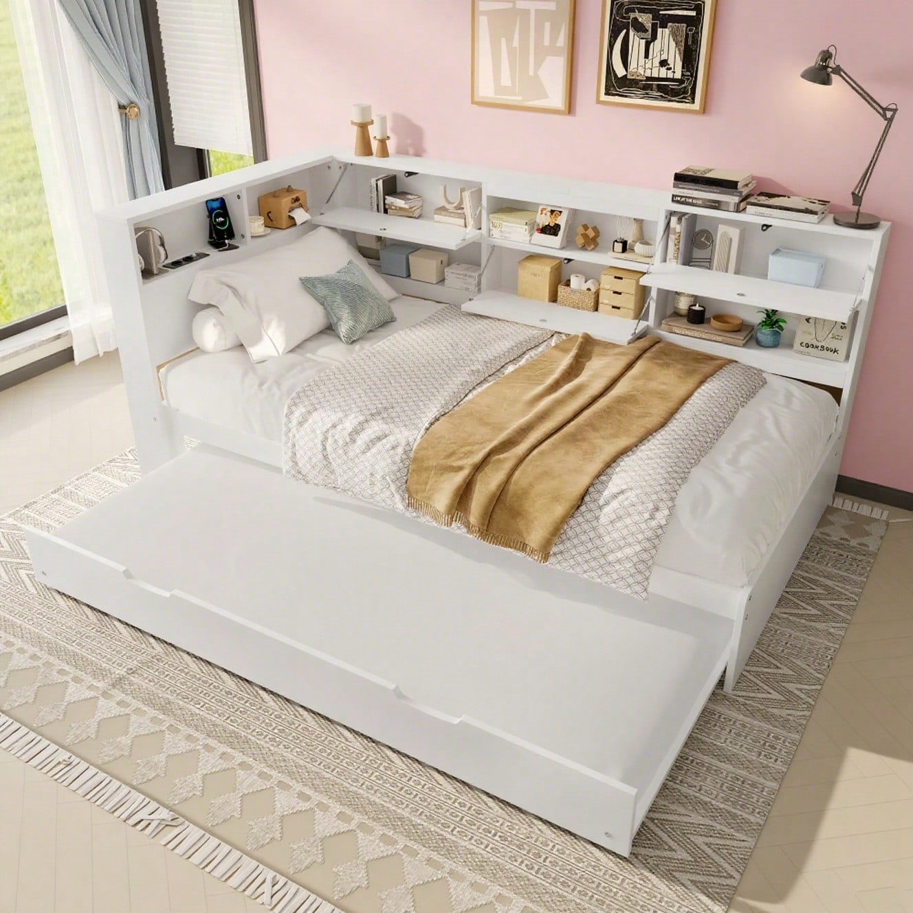 Daybett,Schlafsofa,90x200cm,Kopfteil mit Staufach,Ausziehbares Bett,Ohne Matratze,Weiß
