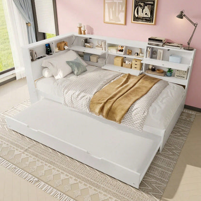 Daybett,Schlafsofa,90x200cm,Kopfteil mit Staufach,Ausziehbares Bett,Ohne Matratze,Weiß