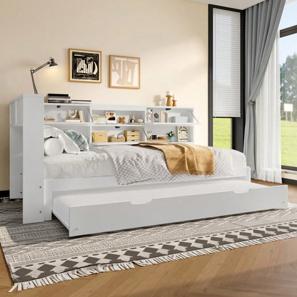 Daybett,Schlafsofa,90x200cm,Kopfteil mit Staufach,Ausziehbares Bett,Ohne Matratze,Weiß