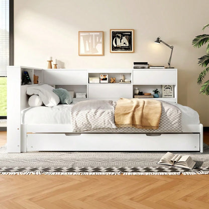 Daybett,Schlafsofa,90x200cm,Kopfteil mit Staufach,Ausziehbares Bett,Ohne Matratze,Weiß