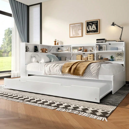Daybett,Schlafsofa,90x200cm,Kopfteil mit Staufach,Ausziehbares Bett,Ohne Matratze,Weiß