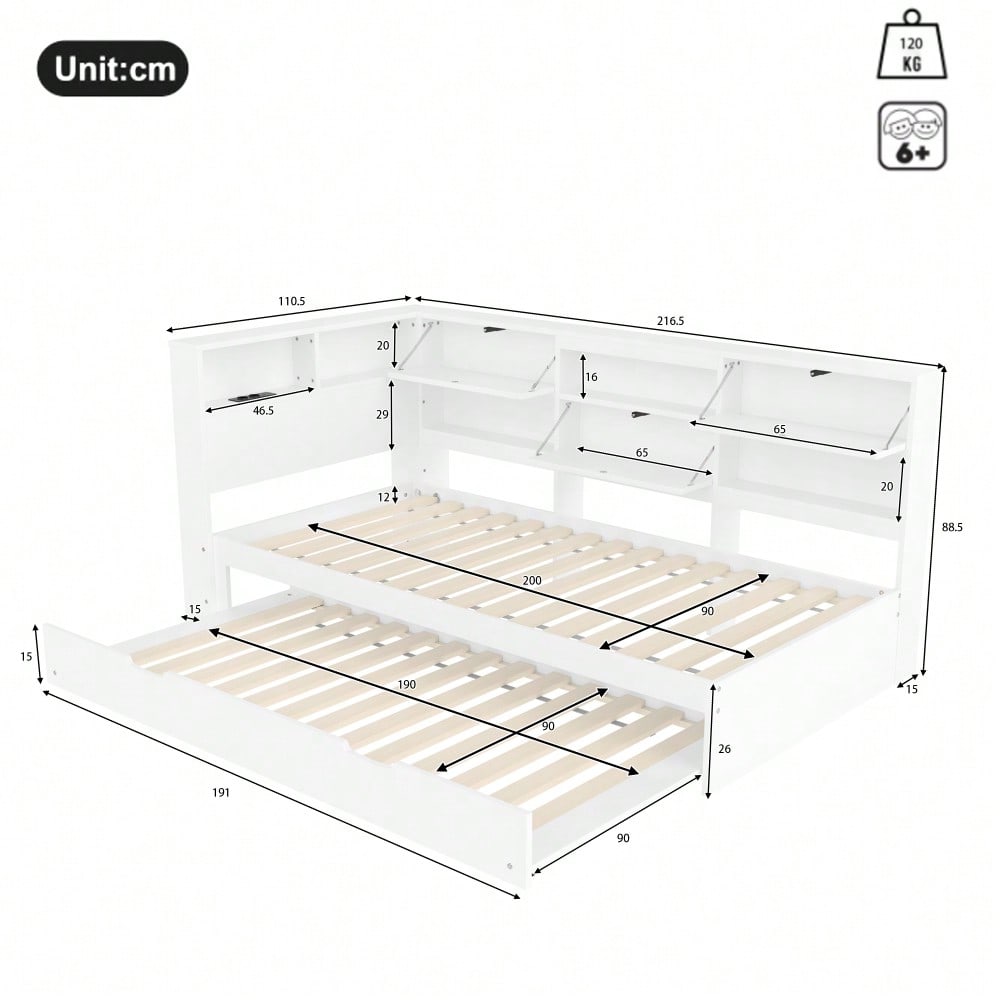Daybett,Schlafsofa,90x200cm,Kopfteil mit Staufach,Ausziehbares Bett,Ohne Matratze,Weiß