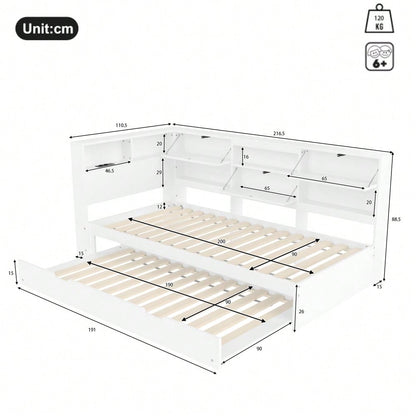 Daybett,Schlafsofa,90x200cm,Kopfteil mit Staufach,Ausziehbares Bett,Ohne Matratze,Weiß