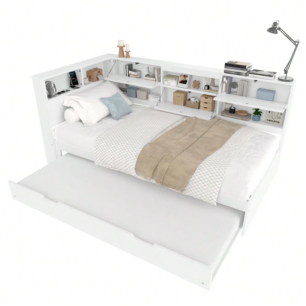 Daybett,Schlafsofa,90x200cm,Kopfteil mit Staufach,Ausziehbares Bett,Ohne Matratze,Weiß