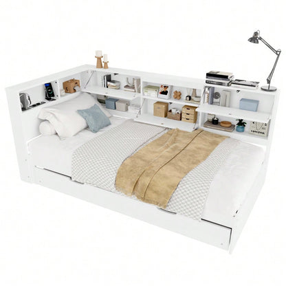 Daybett,Schlafsofa,90x200cm,Kopfteil mit Staufach,Ausziehbares Bett,Ohne Matratze,Weiß