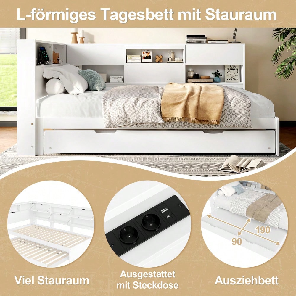 Daybett,Schlafsofa,90x200cm,Kopfteil mit Staufach,Ausziehbares Bett,Ohne Matratze,Weiß