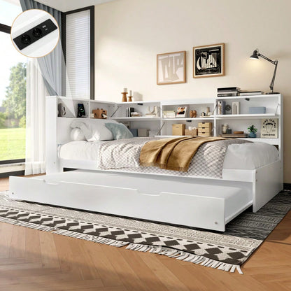 Daybett,Schlafsofa,90x200cm,Kopfteil mit Staufach,Ausziehbares Bett,Ohne Matratze,Weiß