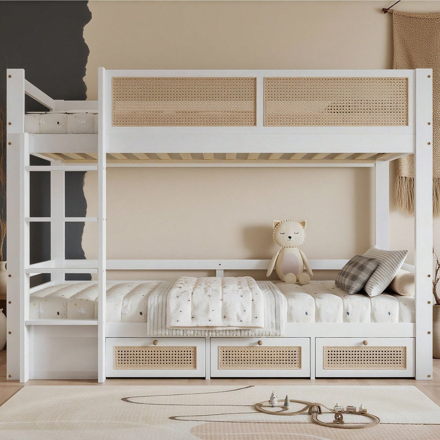 Etagenbett, Kinderbett, Schöner geflochtener Rattanzaun,  Drei Schubladen mit Rollen, Stabile Lattenroste, Mit Sichere Bettgitter, Kiefer + MDF + Sperrholz, Weiß+Natur, 90x200cm