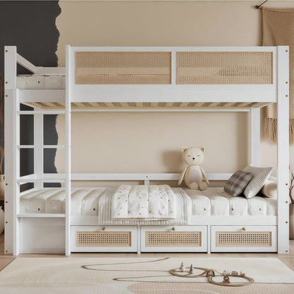 Etagenbett, Kinderbett, Schöner geflochtener Rattanzaun,  Drei Schubladen mit Rollen, Stabile Lattenroste, Mit Sichere Bettgitter, Kiefer + MDF + Sperrholz, Weiß+Natur, 90x200cm
