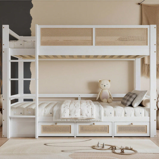 Etagenbett, Kinderbett, Schöner geflochtener Rattanzaun,  Drei Schubladen mit Rollen, Stabile Lattenroste, Mit Sichere Bettgitter, Kiefer + MDF + Sperrholz, Weiß+Natur, 90x200cm