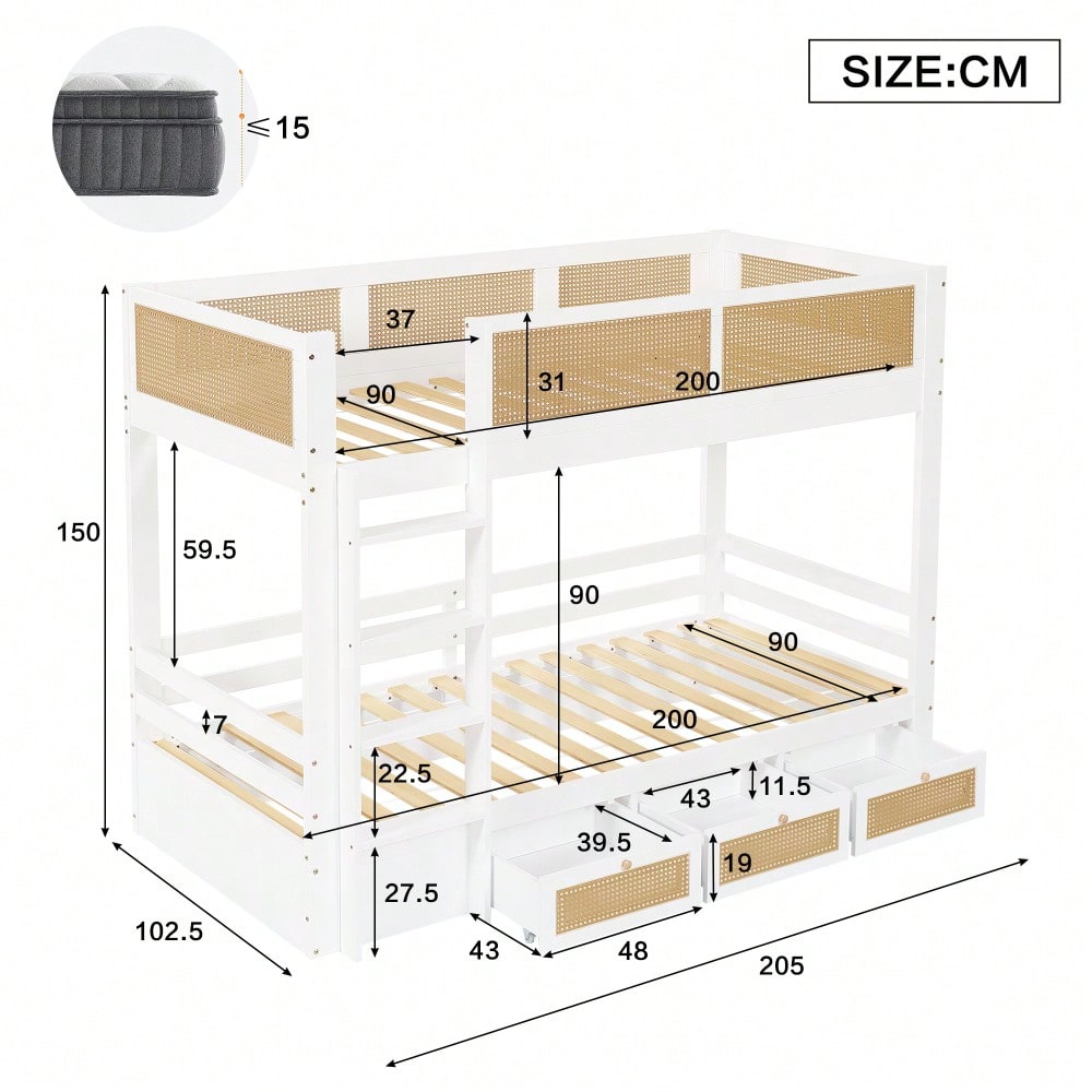 Etagenbett, Kinderbett, Schöner geflochtener Rattanzaun,  Drei Schubladen mit Rollen, Stabile Lattenroste, Mit Sichere Bettgitter, Kiefer + MDF + Sperrholz, Weiß+Natur, 90x200cm