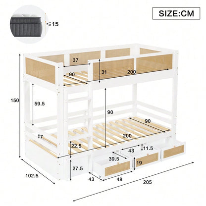Etagenbett, Kinderbett, Schöner geflochtener Rattanzaun,  Drei Schubladen mit Rollen, Stabile Lattenroste, Mit Sichere Bettgitter, Kiefer + MDF + Sperrholz, Weiß+Natur, 90x200cm