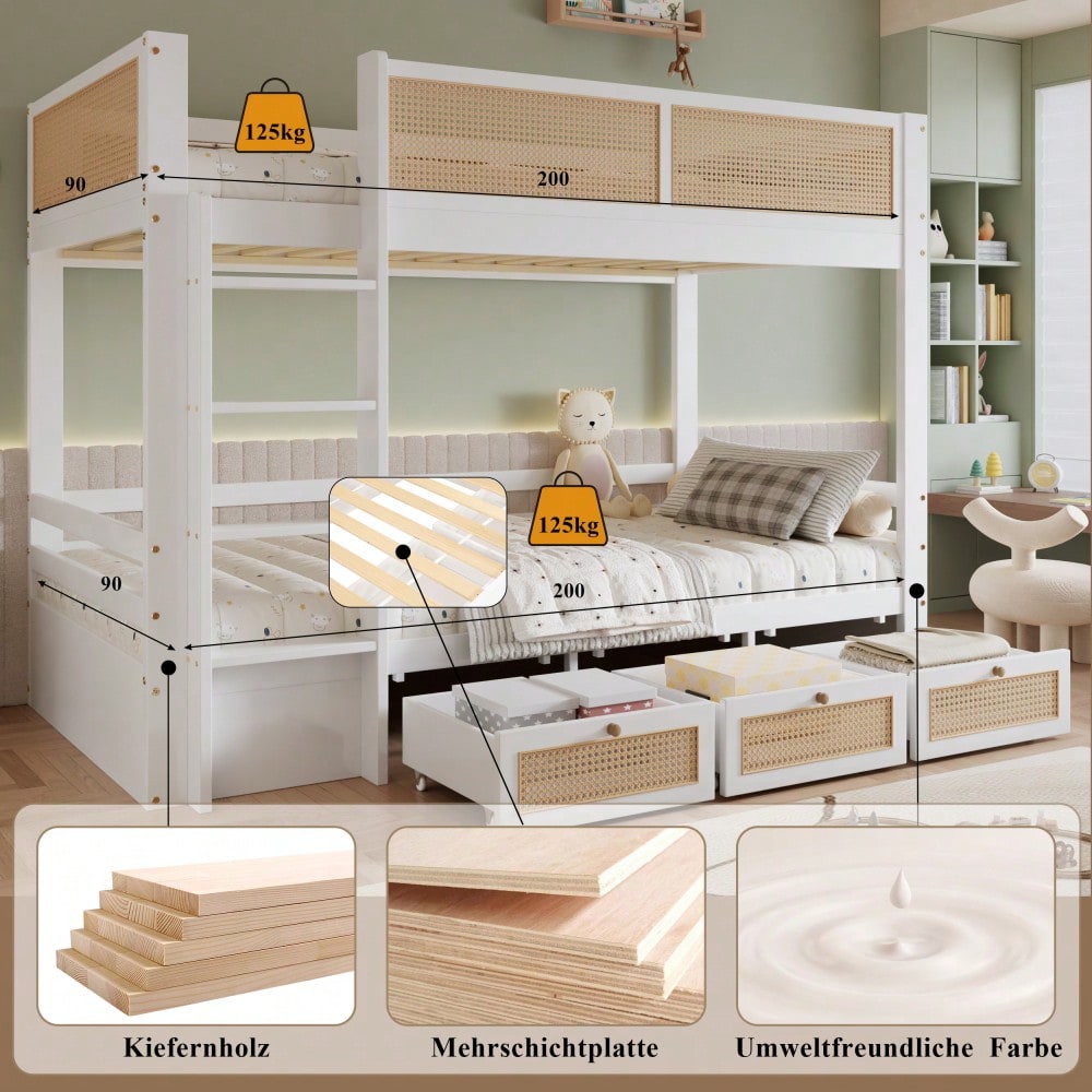 Etagenbett, Kinderbett, Schöner geflochtener Rattanzaun,  Drei Schubladen mit Rollen, Stabile Lattenroste, Mit Sichere Bettgitter, Kiefer + MDF + Sperrholz, Weiß+Natur, 90x200cm