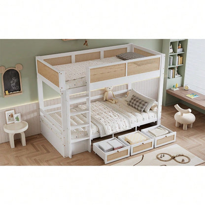 Etagenbett, Kinderbett, Schöner geflochtener Rattanzaun,  Drei Schubladen mit Rollen, Stabile Lattenroste, Mit Sichere Bettgitter, Kiefer + MDF + Sperrholz, Weiß+Natur, 90x200cm