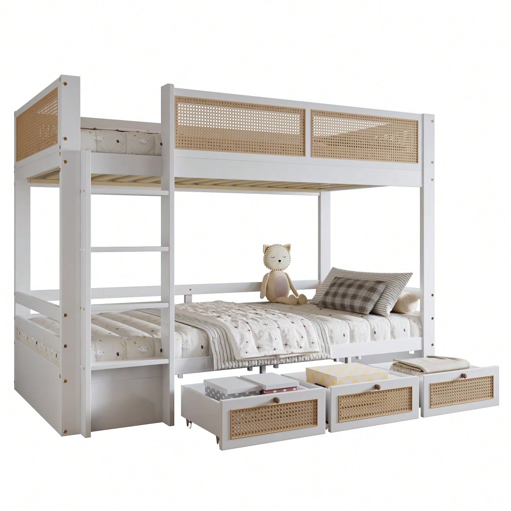 Etagenbett, Kinderbett, Schöner geflochtener Rattanzaun,  Drei Schubladen mit Rollen, Stabile Lattenroste, Mit Sichere Bettgitter, Kiefer + MDF + Sperrholz, Weiß+Natur, 90x200cm