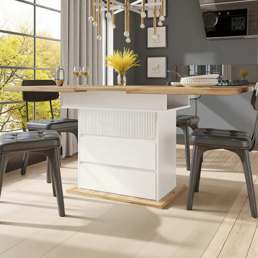 Esstisch Teleskoptisch(110-140×80cm), klappbarer Küchentisch für 4-6 Personen, Ausziehbarer Esstisch ,platzsparender Küchentisch,für Küche und Wohnzimmer,Esstisch mit drei Ablageebenen, weiß