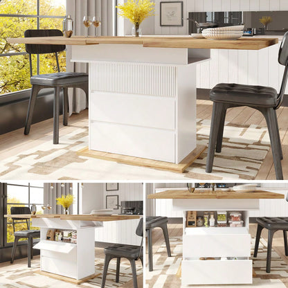 Esstisch Teleskoptisch(110-140×80cm), klappbarer Küchentisch für 4-6 Personen, Ausziehbarer Esstisch ,platzsparender Küchentisch,für Küche und Wohnzimmer,Esstisch mit drei Ablageebenen, weiß