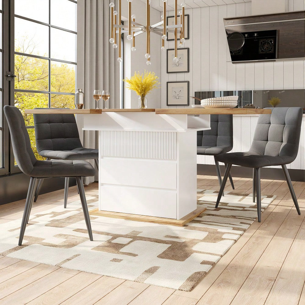 Esstisch Teleskoptisch(110-140×80cm), klappbarer Küchentisch für 4-6 Personen, Ausziehbarer Esstisch ,platzsparender Küchentisch,für Küche und Wohnzimmer,Esstisch mit drei Ablageebenen, weiß