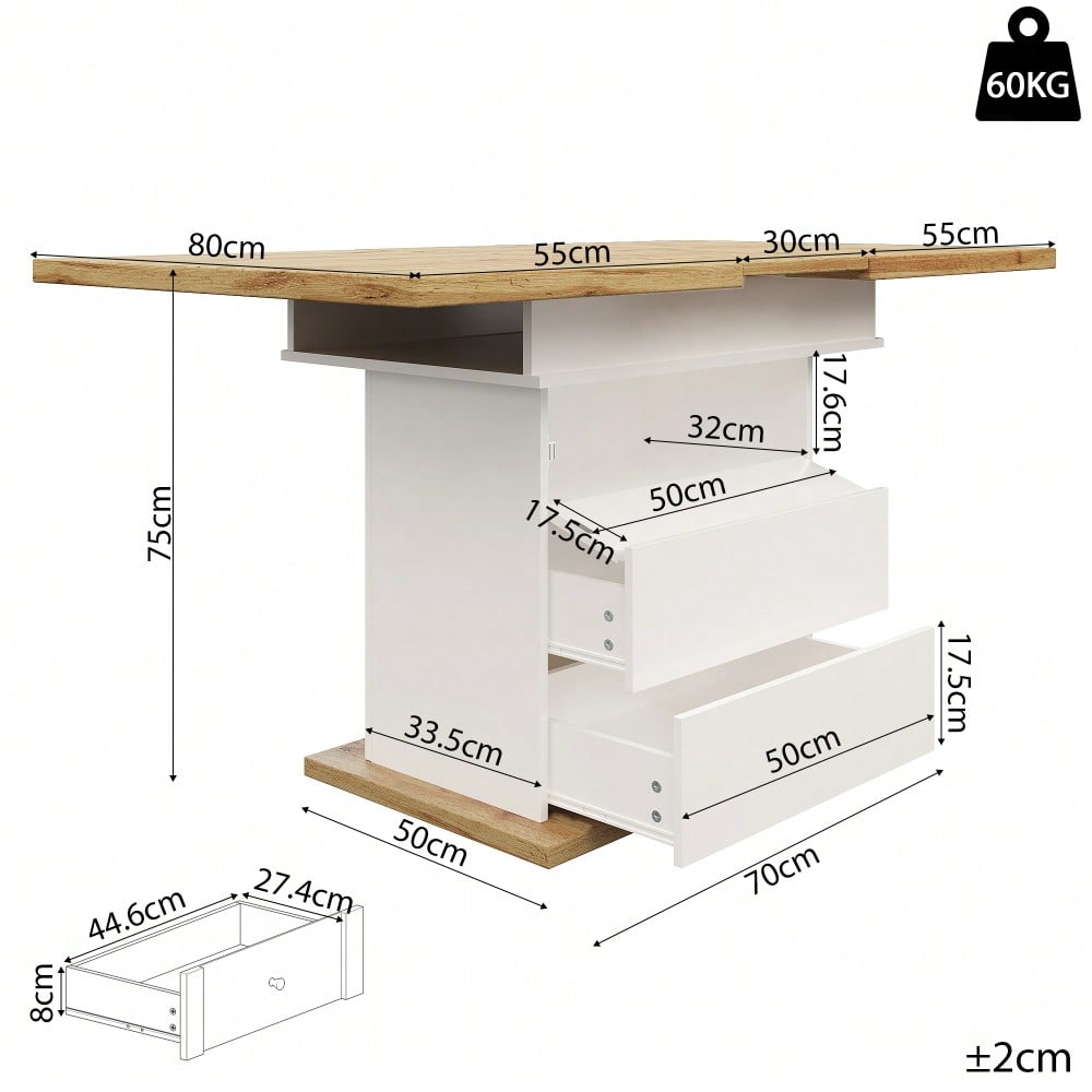 Esstisch Teleskoptisch(110-140×80cm), klappbarer Küchentisch für 4-6 Personen, Ausziehbarer Esstisch ,platzsparender Küchentisch,für Küche und Wohnzimmer,Esstisch mit drei Ablageebenen, weiß