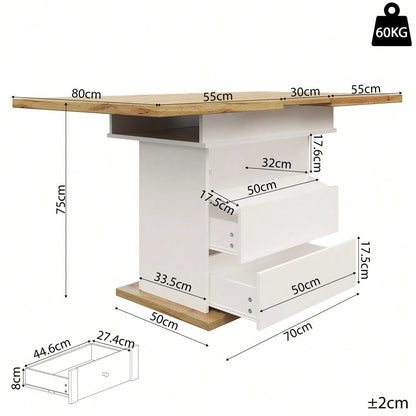 Esstisch Teleskoptisch(110-140×80cm), klappbarer Küchentisch für 4-6 Personen, Ausziehbarer Esstisch ,platzsparender Küchentisch,für Küche und Wohnzimmer,Esstisch mit drei Ablageebenen, weiß