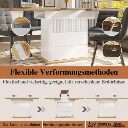 Esstisch Teleskoptisch(110-140×80cm), klappbarer Küchentisch für 4-6 Personen, Ausziehbarer Esstisch ,platzsparender Küchentisch,für Küche und Wohnzimmer,Esstisch mit drei Ablageebenen, weiß