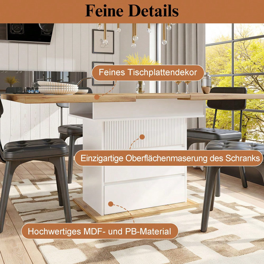 Esstisch Teleskoptisch(110-140×80cm), klappbarer Küchentisch für 4-6 Personen, Ausziehbarer Esstisch ,platzsparender Küchentisch,für Küche und Wohnzimmer,Esstisch mit drei Ablageebenen, weiß
