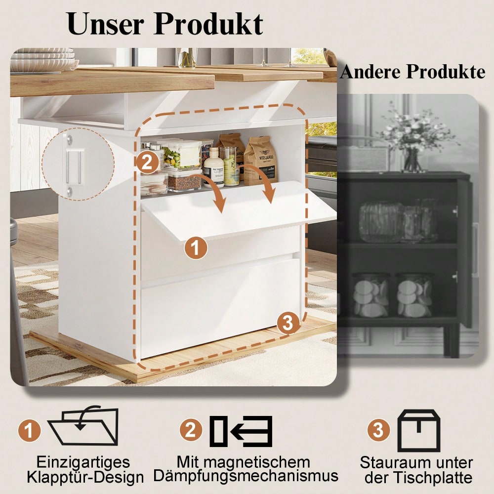 Esstisch Teleskoptisch(110-140×80cm), klappbarer Küchentisch für 4-6 Personen, Ausziehbarer Esstisch ,platzsparender Küchentisch,für Küche und Wohnzimmer,Esstisch mit drei Ablageebenen, weiß