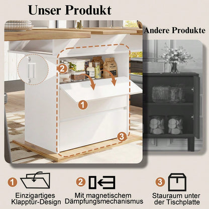 Esstisch Teleskoptisch(110-140×80cm), klappbarer Küchentisch für 4-6 Personen, Ausziehbarer Esstisch ,platzsparender Küchentisch,für Küche und Wohnzimmer,Esstisch mit drei Ablageebenen, weiß