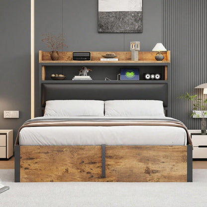 Bettrahmen 140 x 200 mit hydraulischer Hebevorrichtung, USB, gepolstertem Kopfteil, Vintage-Design aus Holz und Metall, verstecktem Stauraum Doppelbett Moderne Schlafzimmermöbel Schwarz