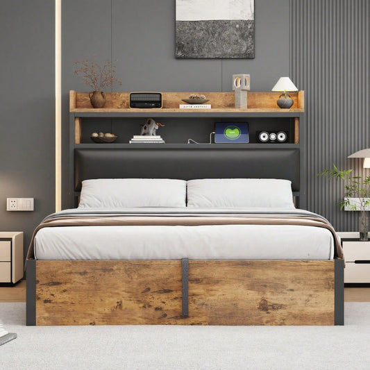 Bettrahmen 140 x 200 mit hydraulischer Hebevorrichtung, USB, gepolstertem Kopfteil, Vintage-Design aus Holz und Metall, verstecktem Stauraum Doppelbett Moderne Schlafzimmermöbel Schwarz
