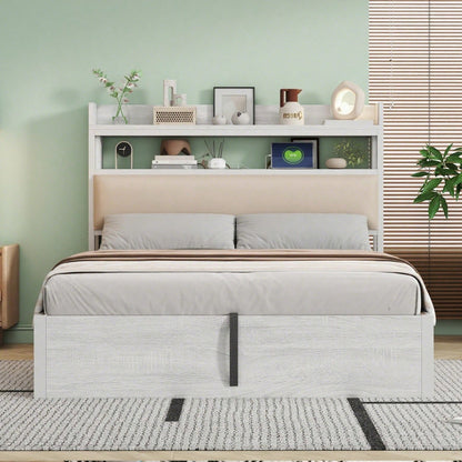 Bettrahmen 140 x 200 mit hydraulischer Hebevorrichtung, USB, gepolstertem Kopfteil, Vintage-Design aus Holz und Metall, verstecktem Stauraum Doppelbett Moderne Schlafzimmermöbel Weiß