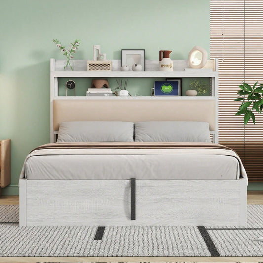 Bettrahmen 140 x 200 mit hydraulischer Hebevorrichtung, USB, gepolstertem Kopfteil, Vintage-Design aus Holz und Metall, verstecktem Stauraum Doppelbett Moderne Schlafzimmermöbel Weiß