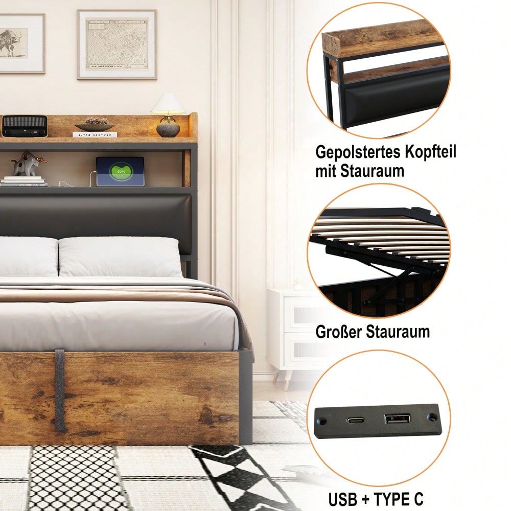Bettrahmen 140 x 200 mit hydraulischer Hebevorrichtung, USB, gepolstertem Kopfteil, Vintage-Design aus Holz und Metall, verstecktem Stauraum Doppelbett Moderne Schlafzimmermöbel Schwarz