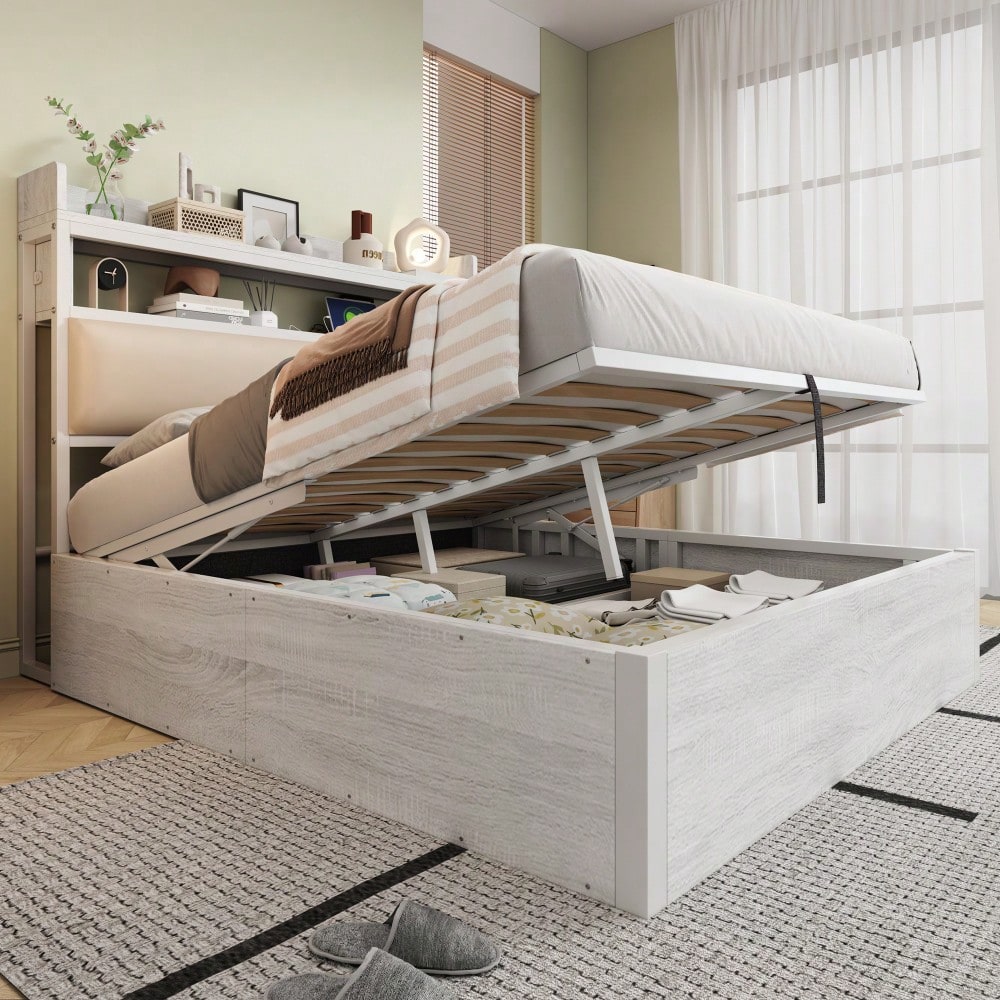 Bettrahmen 140 x 200 mit hydraulischer Hebevorrichtung, USB, gepolstertem Kopfteil, Vintage-Design aus Holz und Metall, verstecktem Stauraum Doppelbett Moderne Schlafzimmermöbel Weiß