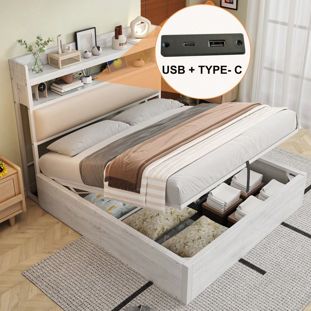 Bettrahmen 140 x 200 mit hydraulischer Hebevorrichtung, USB, gepolstertem Kopfteil, Vintage-Design aus Holz und Metall, verstecktem Stauraum Doppelbett Moderne Schlafzimmermöbel Weiß