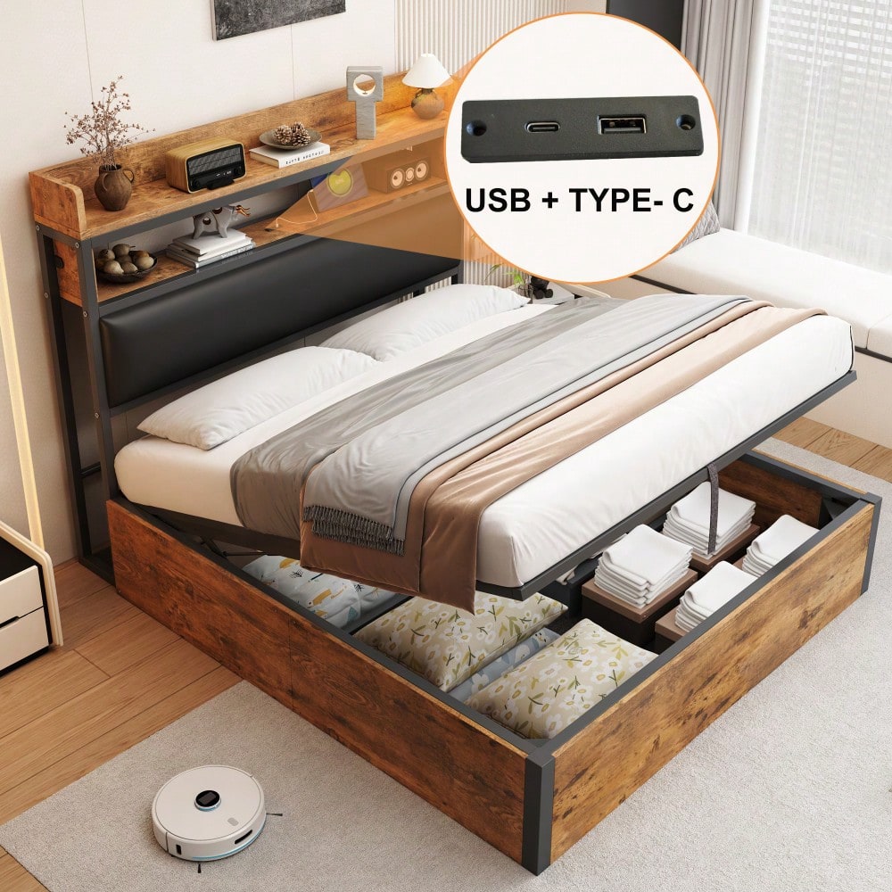 Bettrahmen 140 x 200 mit hydraulischer Hebevorrichtung, USB, gepolstertem Kopfteil, Vintage-Design aus Holz und Metall, verstecktem Stauraum Doppelbett Moderne Schlafzimmermöbel Schwarz