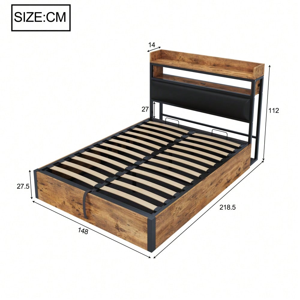 Bettrahmen 140 x 200 mit hydraulischer Hebevorrichtung, USB, gepolstertem Kopfteil, Vintage-Design aus Holz und Metall, verstecktem Stauraum Doppelbett Moderne Schlafzimmermöbel Schwarz