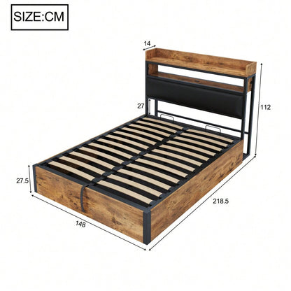 Bettrahmen 140 x 200 mit hydraulischer Hebevorrichtung, USB, gepolstertem Kopfteil, Vintage-Design aus Holz und Metall, verstecktem Stauraum Doppelbett Moderne Schlafzimmermöbel Schwarz