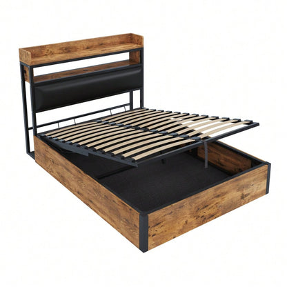 Bettrahmen 140 x 200 mit hydraulischer Hebevorrichtung, USB, gepolstertem Kopfteil, Vintage-Design aus Holz und Metall, verstecktem Stauraum Doppelbett Moderne Schlafzimmermöbel Schwarz