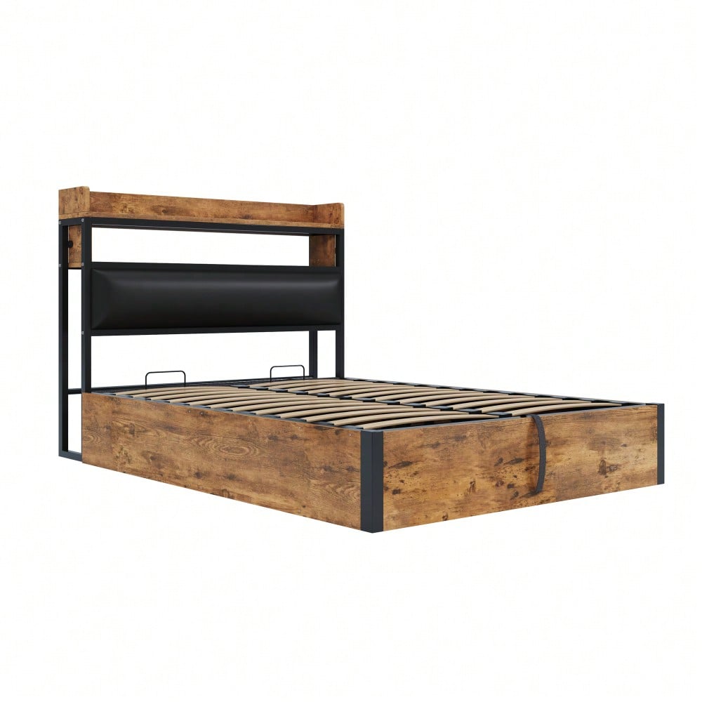 Bettrahmen 140 x 200 mit hydraulischer Hebevorrichtung, USB, gepolstertem Kopfteil, Vintage-Design aus Holz und Metall, verstecktem Stauraum Doppelbett Moderne Schlafzimmermöbel Schwarz