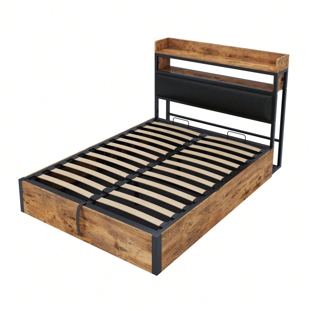 Bettrahmen 140 x 200 mit hydraulischer Hebevorrichtung, USB, gepolstertem Kopfteil, Vintage-Design aus Holz und Metall, verstecktem Stauraum Doppelbett Moderne Schlafzimmermöbel Schwarz