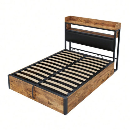 Bettrahmen 140 x 200 mit hydraulischer Hebevorrichtung, USB, gepolstertem Kopfteil, Vintage-Design aus Holz und Metall, verstecktem Stauraum Doppelbett Moderne Schlafzimmermöbel Schwarz