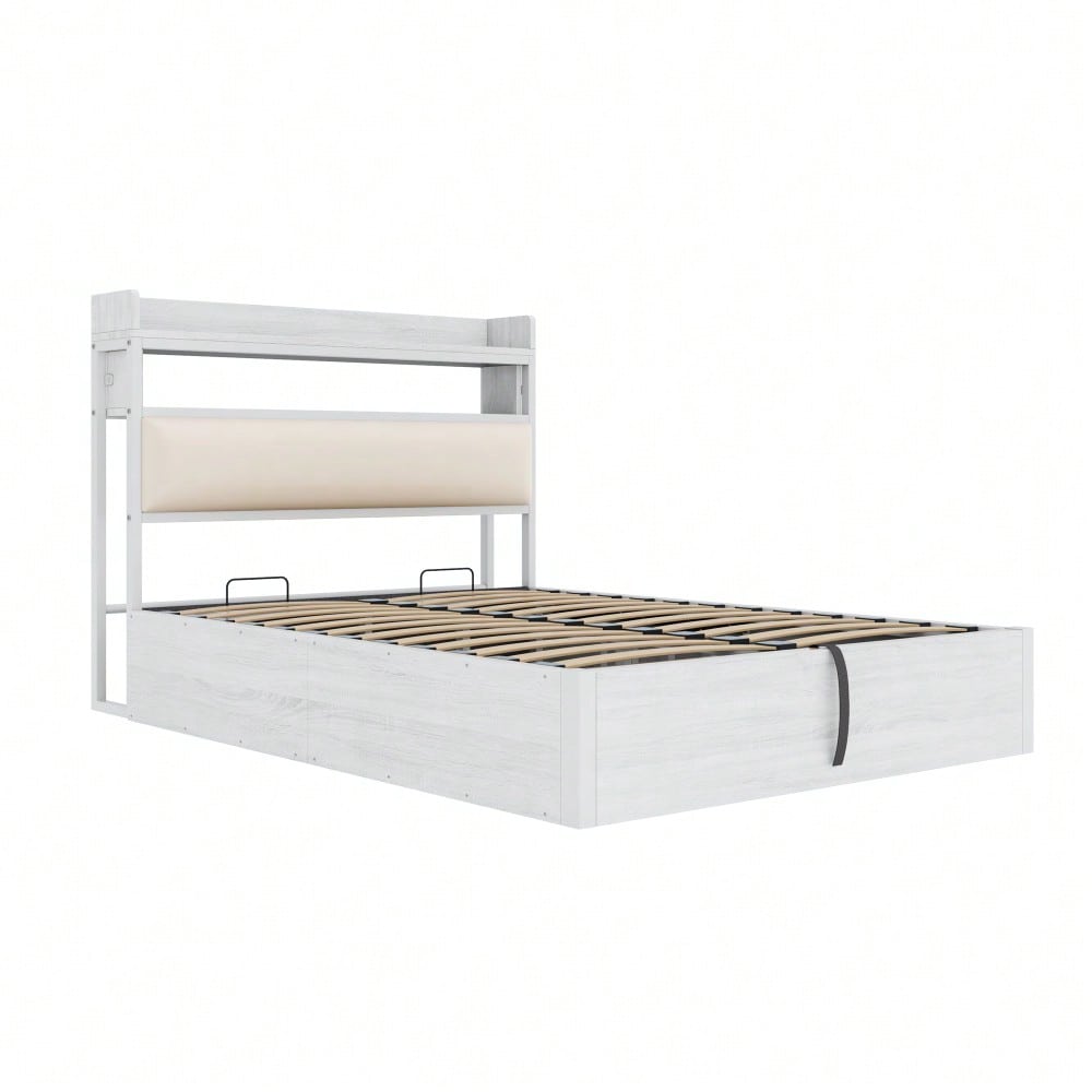 Bettrahmen 140 x 200 mit hydraulischer Hebevorrichtung, USB, gepolstertem Kopfteil, Vintage-Design aus Holz und Metall, verstecktem Stauraum Doppelbett Moderne Schlafzimmermöbel Weiß