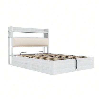 Bettrahmen 140 x 200 mit hydraulischer Hebevorrichtung, USB, gepolstertem Kopfteil, Vintage-Design aus Holz und Metall, verstecktem Stauraum Doppelbett Moderne Schlafzimmermöbel Weiß