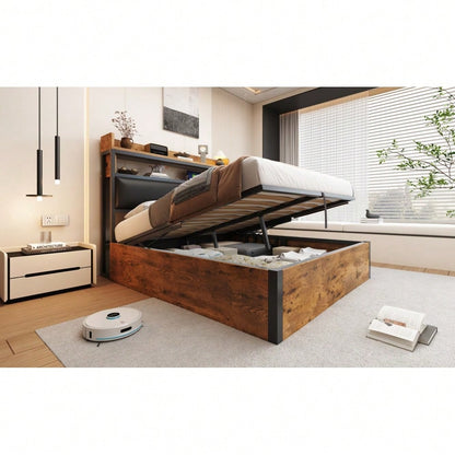 Bettrahmen 140 x 200 mit hydraulischer Hebevorrichtung, USB, gepolstertem Kopfteil, Vintage-Design aus Holz und Metall, verstecktem Stauraum Doppelbett Moderne Schlafzimmermöbel Schwarz