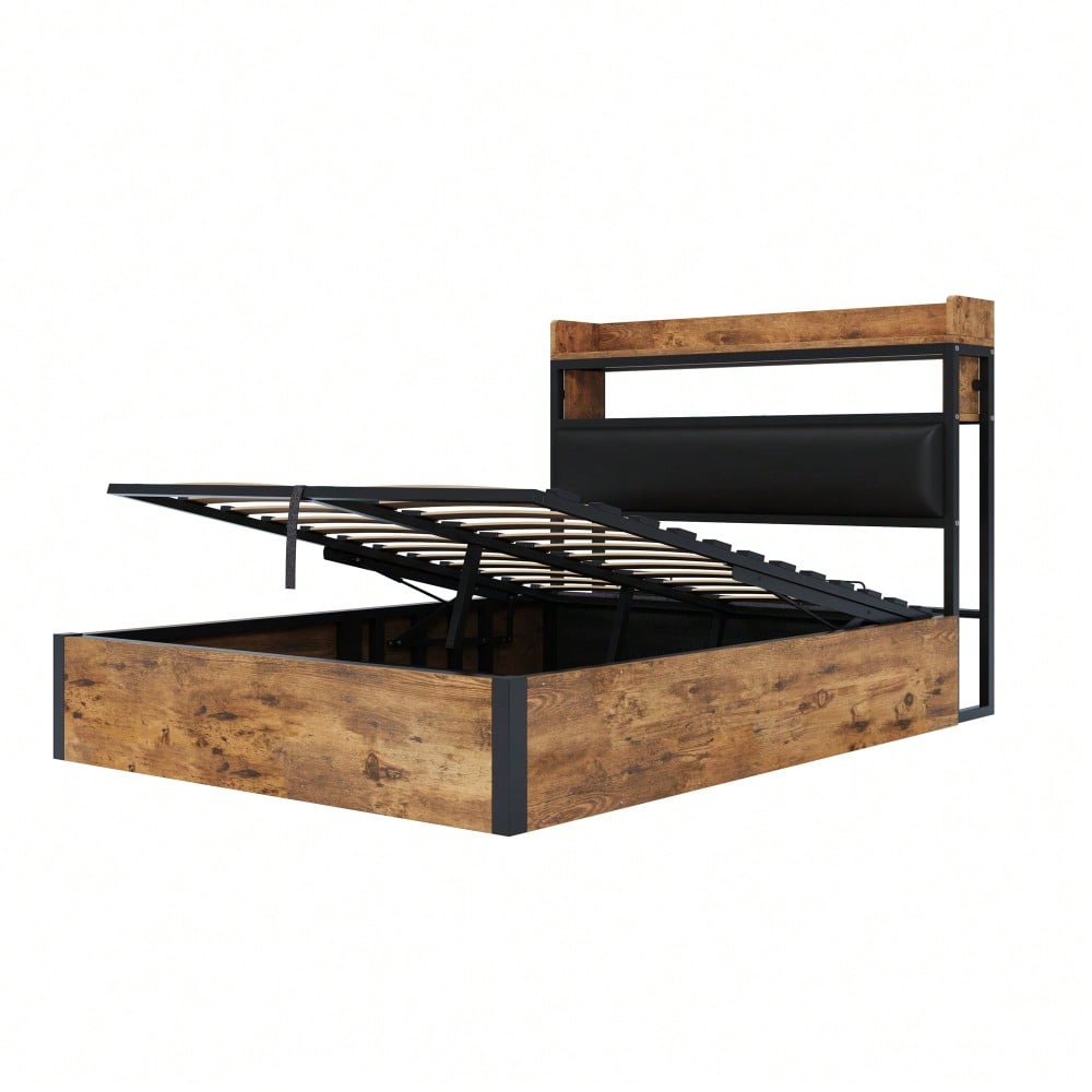 Bettrahmen 140 x 200 mit hydraulischer Hebevorrichtung, USB, gepolstertem Kopfteil, Vintage-Design aus Holz und Metall, verstecktem Stauraum Doppelbett Moderne Schlafzimmermöbel Schwarz