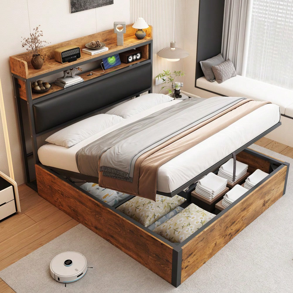 Bettrahmen 140 x 200 mit hydraulischer Hebevorrichtung, USB, gepolstertem Kopfteil, Vintage-Design aus Holz und Metall, verstecktem Stauraum Doppelbett Moderne Schlafzimmermöbel Schwarz