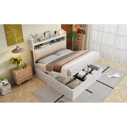 Bettrahmen 140 x 200 mit hydraulischer Hebevorrichtung, USB, gepolstertem Kopfteil, Vintage-Design aus Holz und Metall, verstecktem Stauraum Doppelbett Moderne Schlafzimmermöbel Weiß