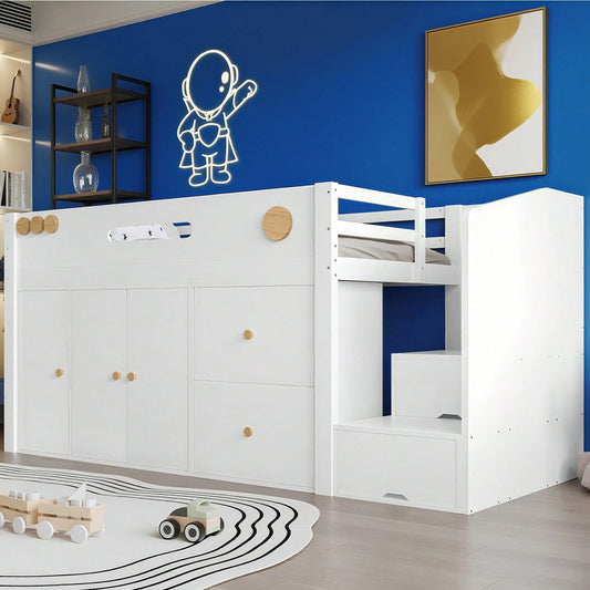 Holzbett, Kinderbett, Halbhohes Bett, Aufbewahrungstreppe mit magnetischen Türen , Mit zwei großen Schubladen und Kleiderschrank,  Kiefer + MDF + Sperrholz, Weiß+Natur, 90x200cm